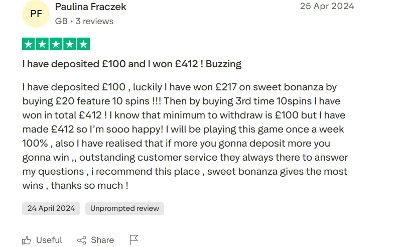 Happy player sharing a positive review about NineWin Casino UK experience